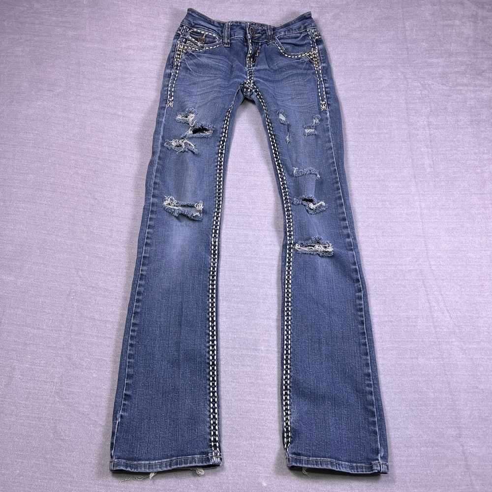 LA Idol Distressed Embellished Low Rise Straight Jeans Womens 26 Blue Denim